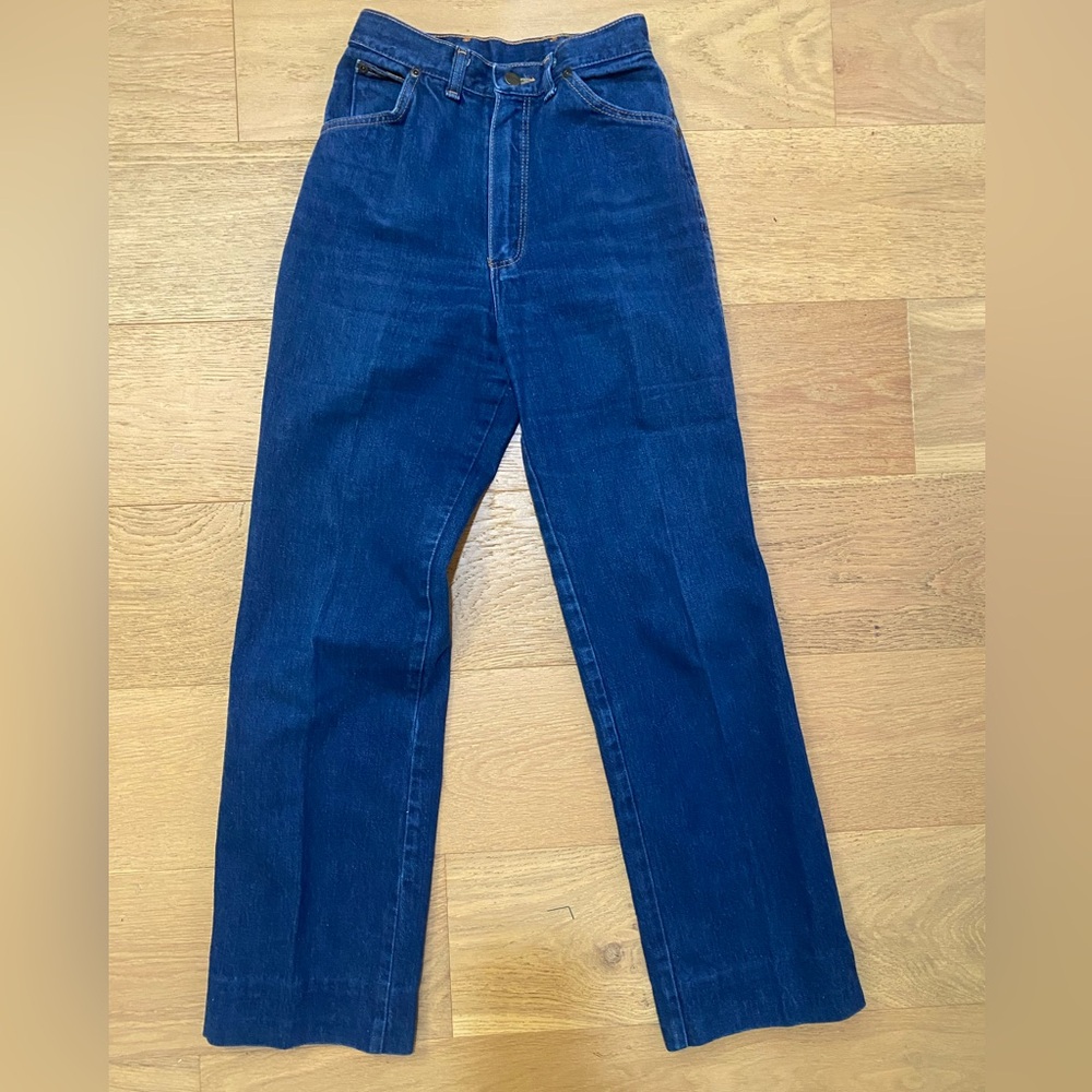 Wrangler Junior Girls Dark Blue Straight Jeans bow stitching on pockets 7 VGUC